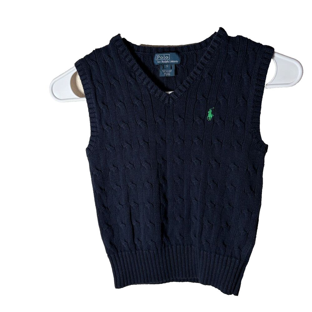 Polo Ralph Lauren Sweater Boy's 5 Blue Cable Knit V-Neck Vest Pullover